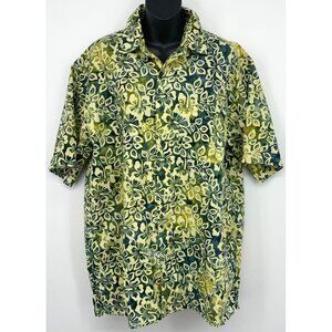 EUC Pete Huntington Mens Button Up Aloha Shirt Collar Green Blue Hibiscus Large
